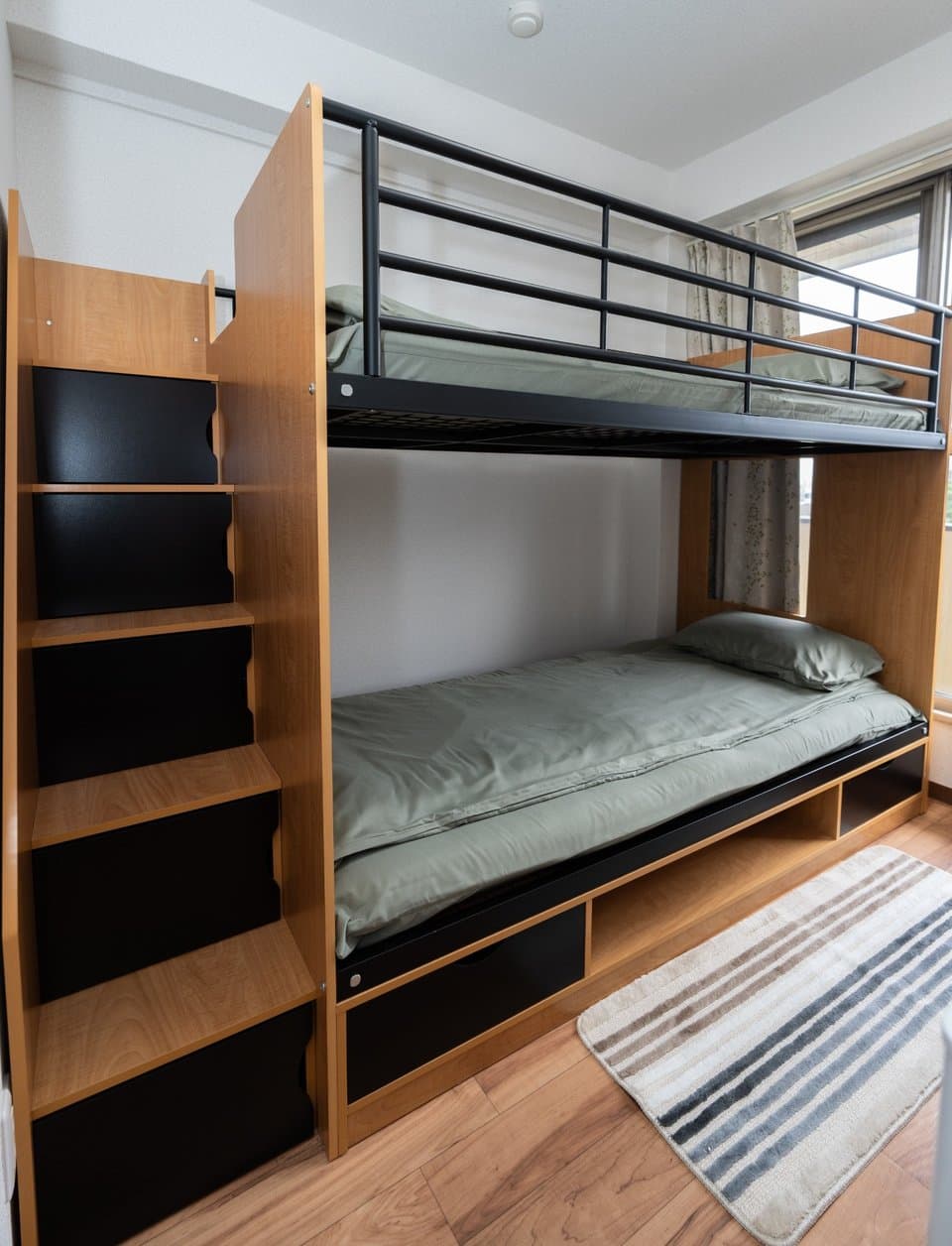 Wooden bunk bed with built-in storage stairs and green bedding.