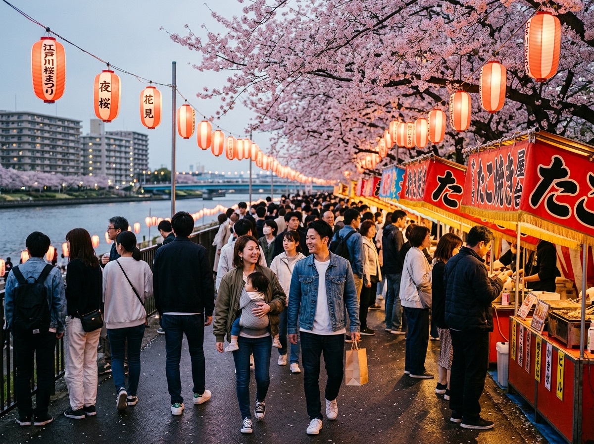Illustration of the Edogawa fireworks festival on the riverbed