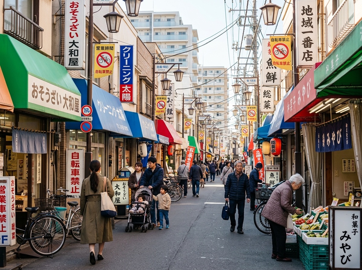 Illustration of Edogawa shopping streets and Nishi-Kasai grocers