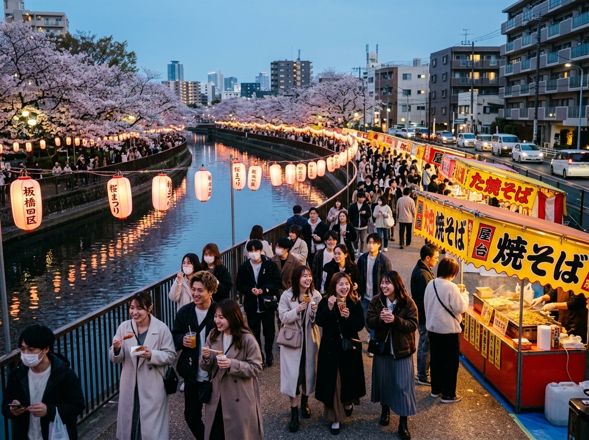 Illustration of the Itabashi fireworks festival over the Arakawa river