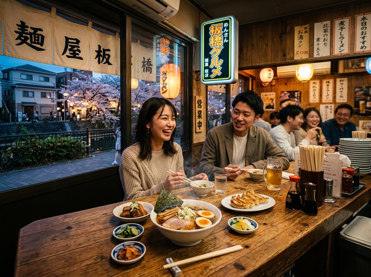 Illustration of retro shotengai yakitori and croquette stands in Itabashi