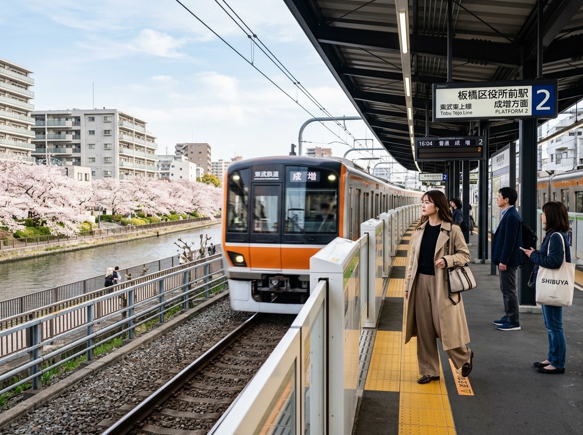 Illustration of a Tobu Tojo Line train at a level crossing