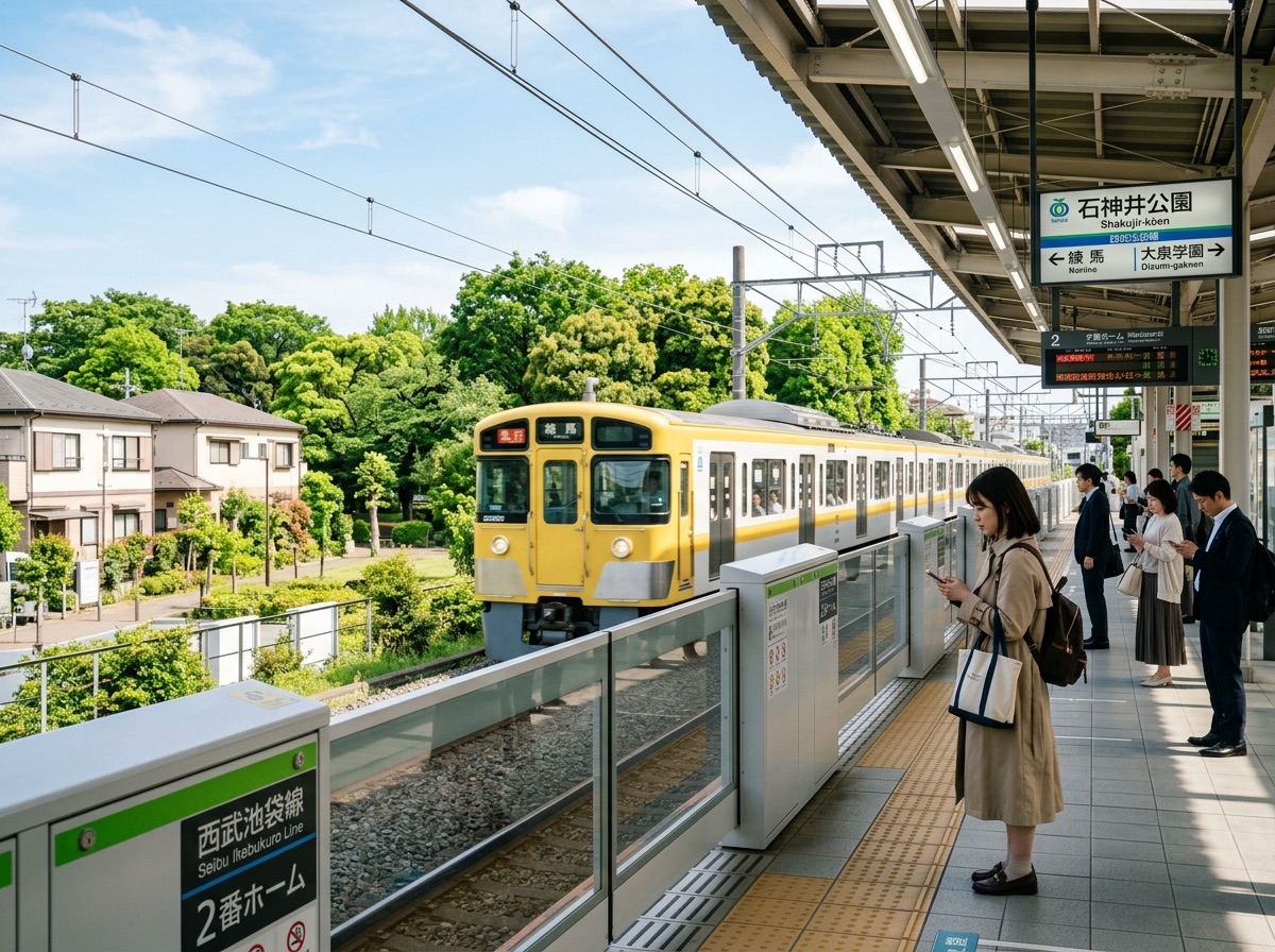 Illustration of trains and a suburban station in Nerima