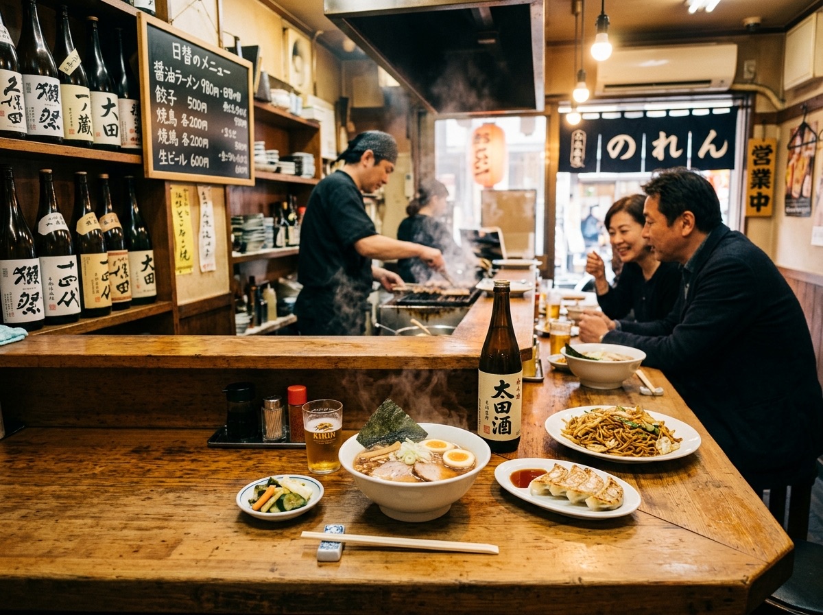 Illustration of winged gyoza at a Kamata izakaya