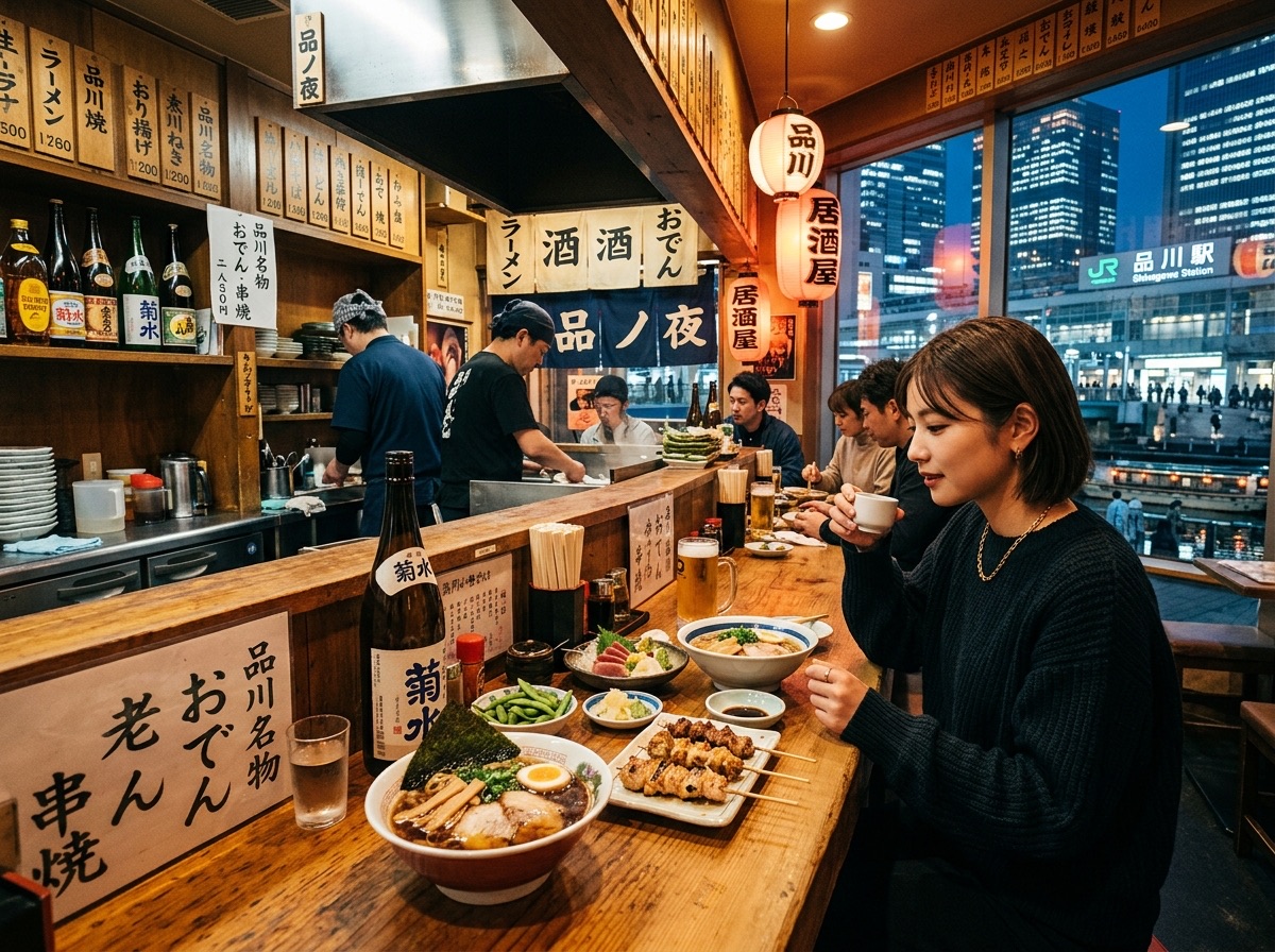 Illustration of canal-side izakaya in old Shinagawa post town