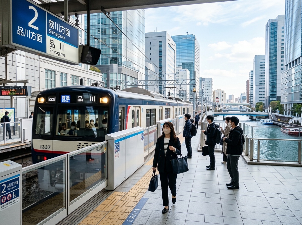 Illustration of Shinagawa station platform with shinkansen and Keikyu train