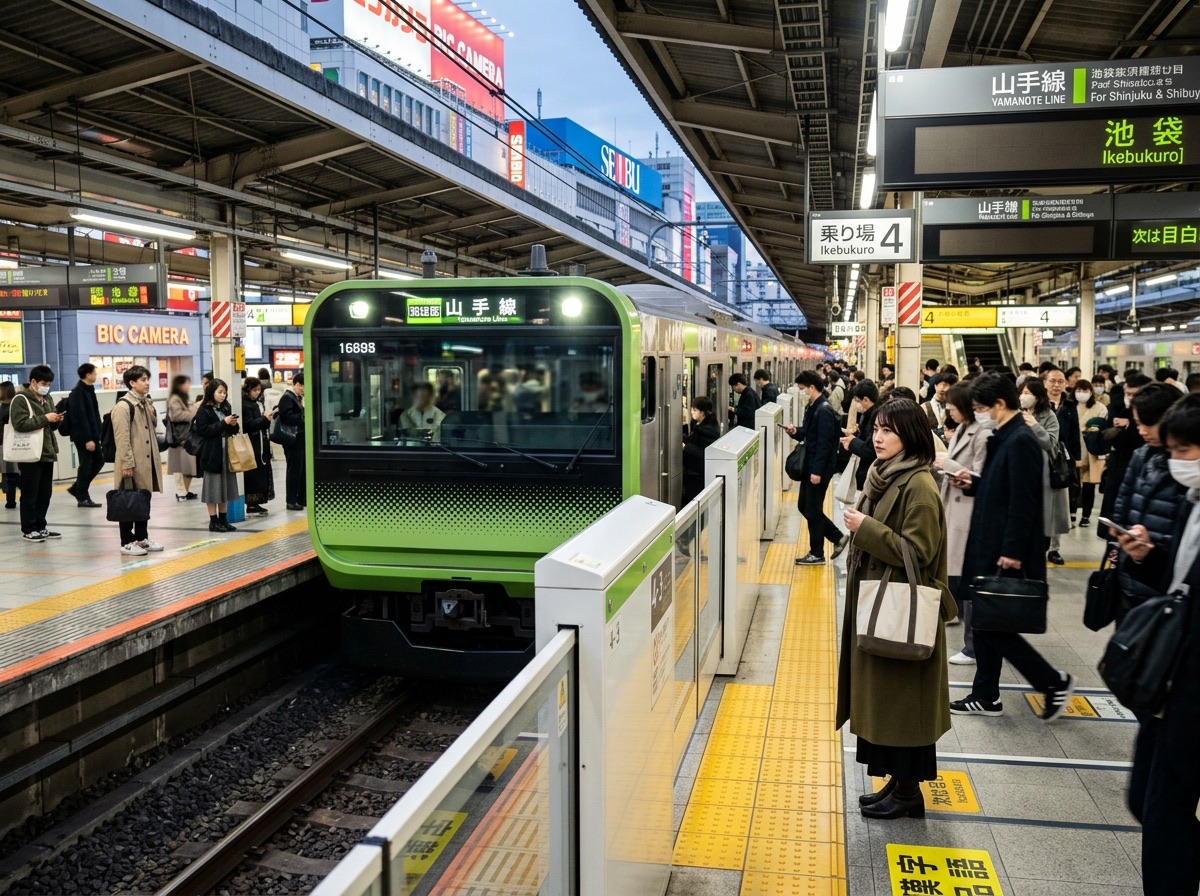 Illustration of Ikebukuro station with Yamanote train and tram